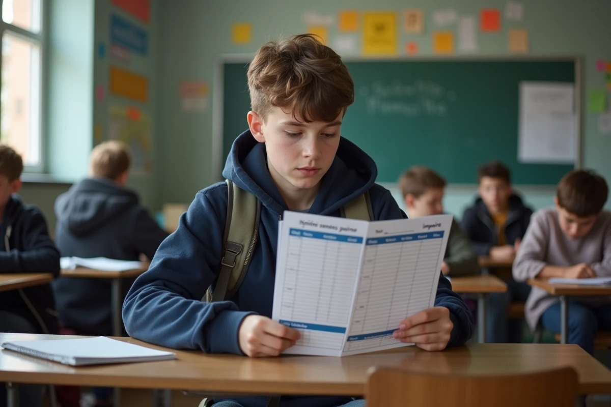 Adolescent regardant un planner scolaire dans une classe