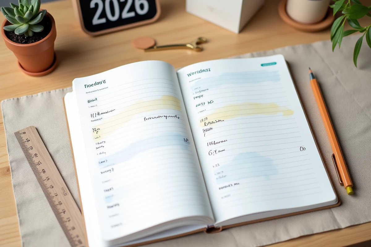 Agenda papier ouvert avec numéros de semaines ISO paires et impaires surlignés en jaune et bleu sur un bureau en chêne minimaliste