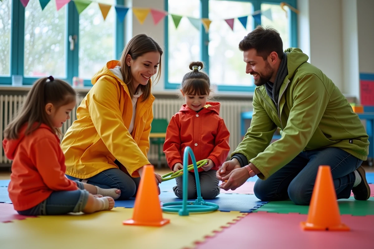 Adultes aidant à construire un parcours d obstacle intérieur