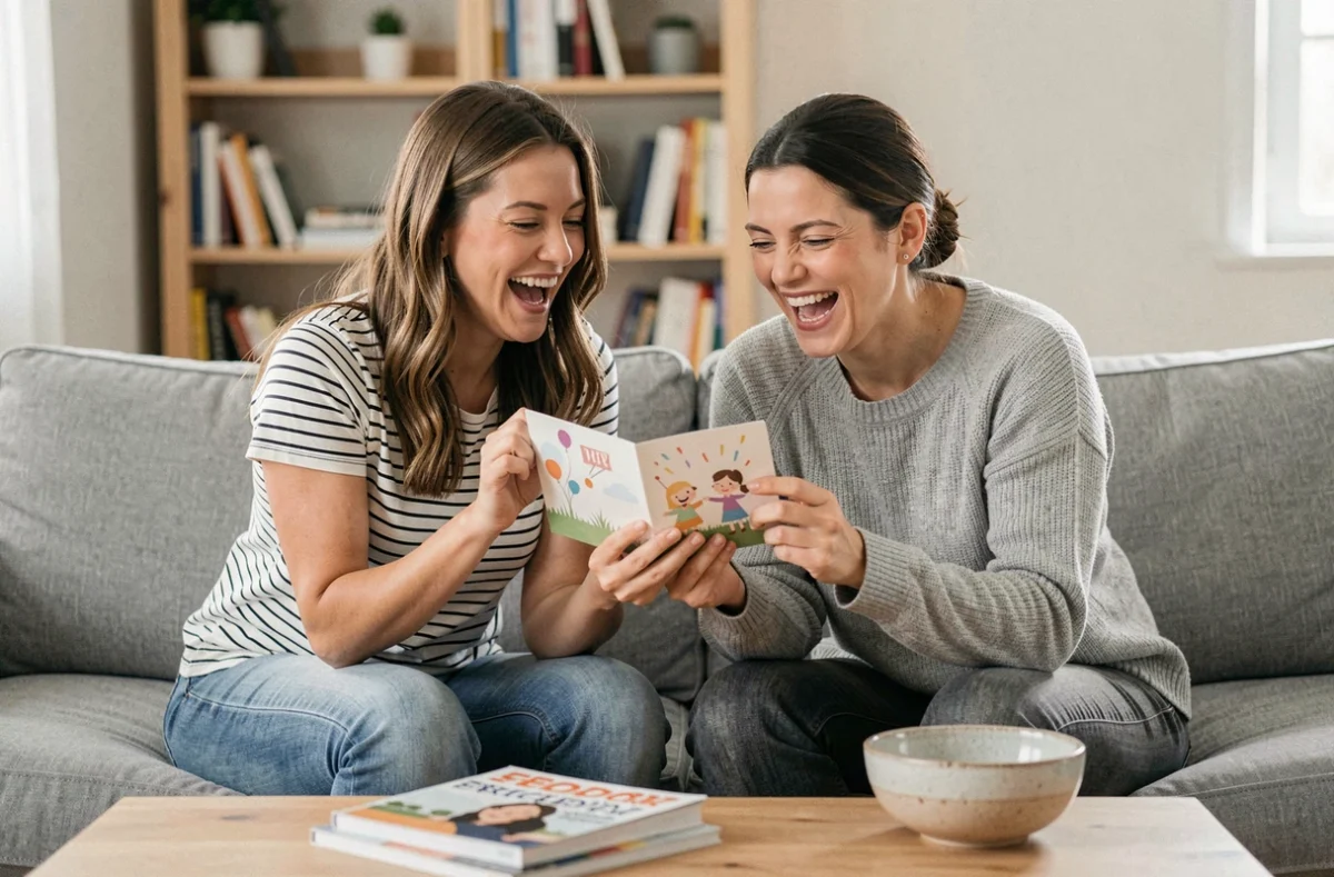 Deux amies adultes riant ensemble en regardant une carte anniversaire animée musicale sur smartphone dans un salon cosy