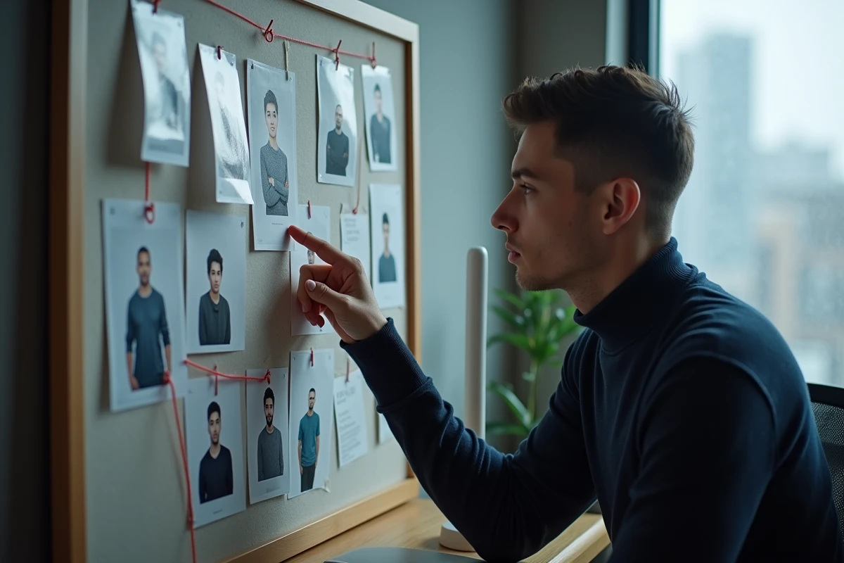 Chercheur analysant les liens familiaux cachés de la famille Zoldyk sur un tableau d'enquête avec des portraits reliés par des fils