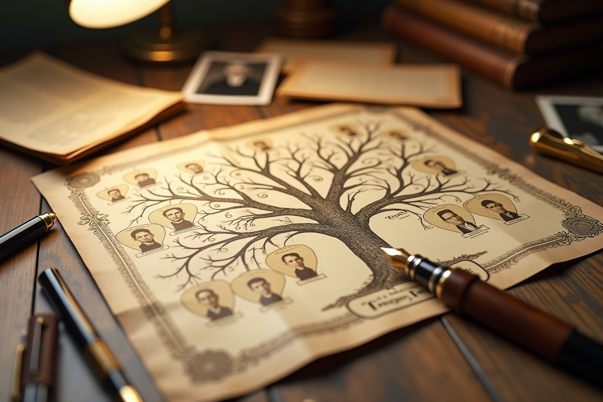 Détail d un arbre généalogique ancien avec plumes et lettres