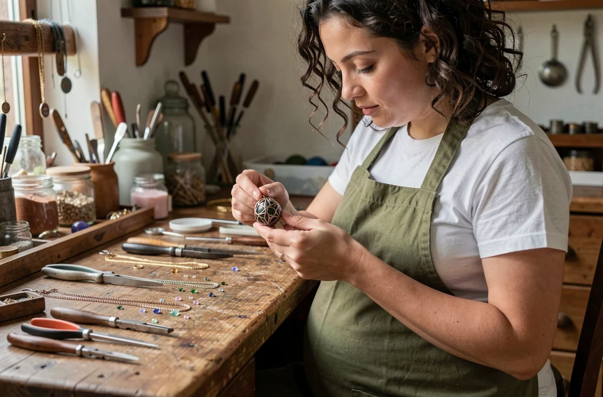 Artisane bijoutière enceinte examinant un pendentif bola artisanal dans un atelier de création de bijoux