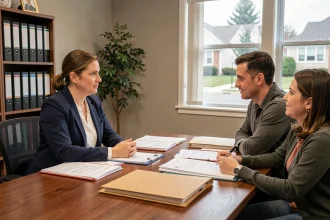 Assistante sociale discutant du dossier d'adoption avec un couple dans un bureau professionnel