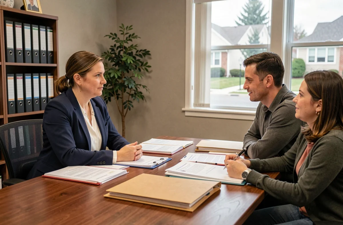 Assistante sociale discutant du dossier d'adoption avec un couple dans un bureau professionnel