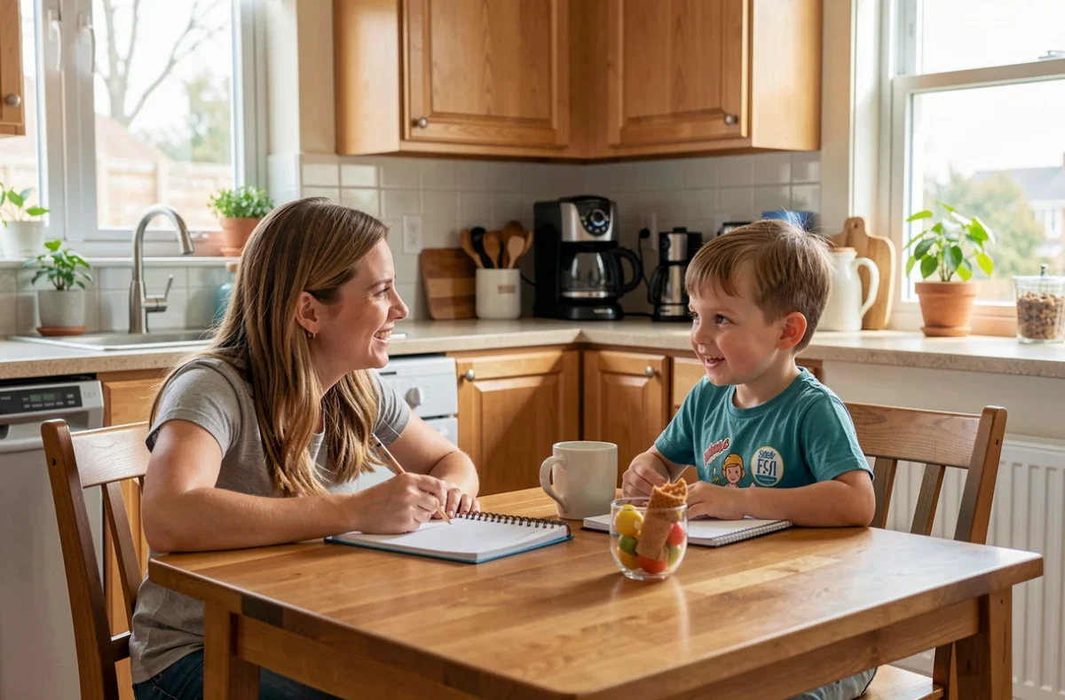 Baby-sitter et enfant à table pour le goûter