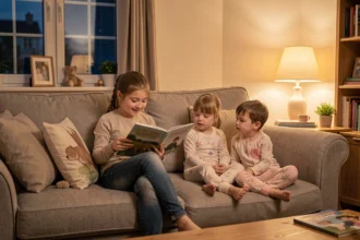 Baby-sitter lisant une histoire à deux enfants le soir