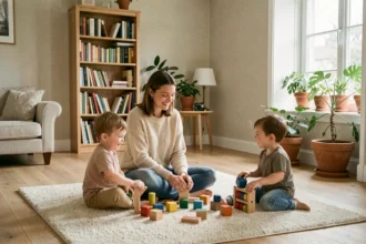 Baby-sitter professionnelle jouant avec des enfants dans un salon familial chaleureux des Pays de la Loire