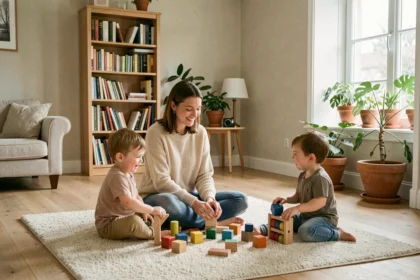 Baby-sitter professionnelle jouant avec des enfants dans un salon familial chaleureux des Pays de la Loire