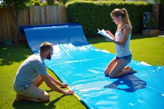 Famille mesurant une bâche pour ventriglisse sur un terrain en pente dans un jardin