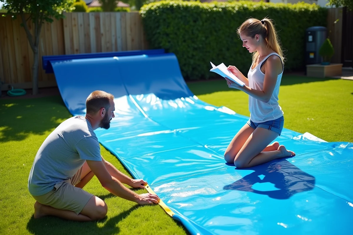 Famille mesurant une bâche pour ventriglisse sur un terrain en pente dans un jardin