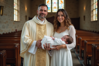 Prêtre avec famille lors d'un baptême dans une église ancienne