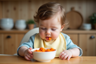 Bébé curieux assis dans une chaise haute mangeant de la purée
