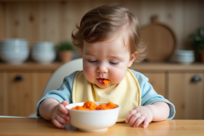 Bébé curieux assis dans une chaise haute mangeant de la purée