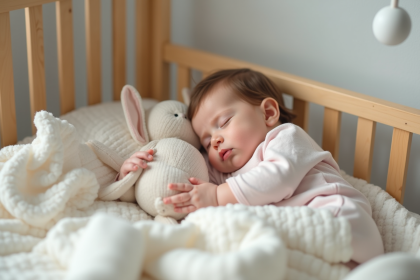 Bébé fille endormie dans un berceau en bois avec peluche