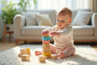 Jeune fille de 9 mois joue avec des blocs colorés