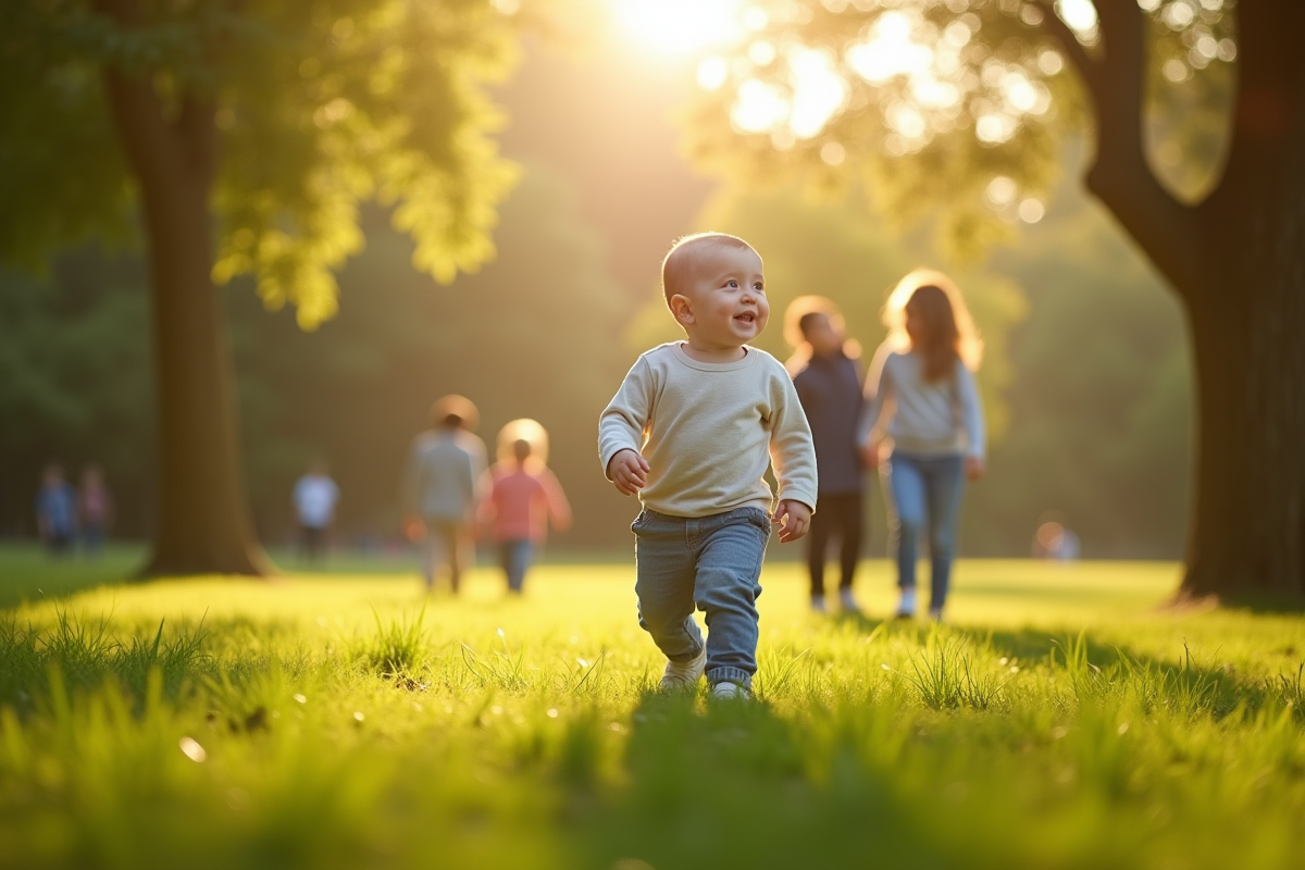 Un bebe marche confiant dans un parc en plein air