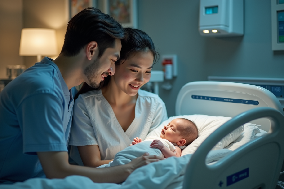 Parents regardant tendrement leur bébé sur une table chauffante