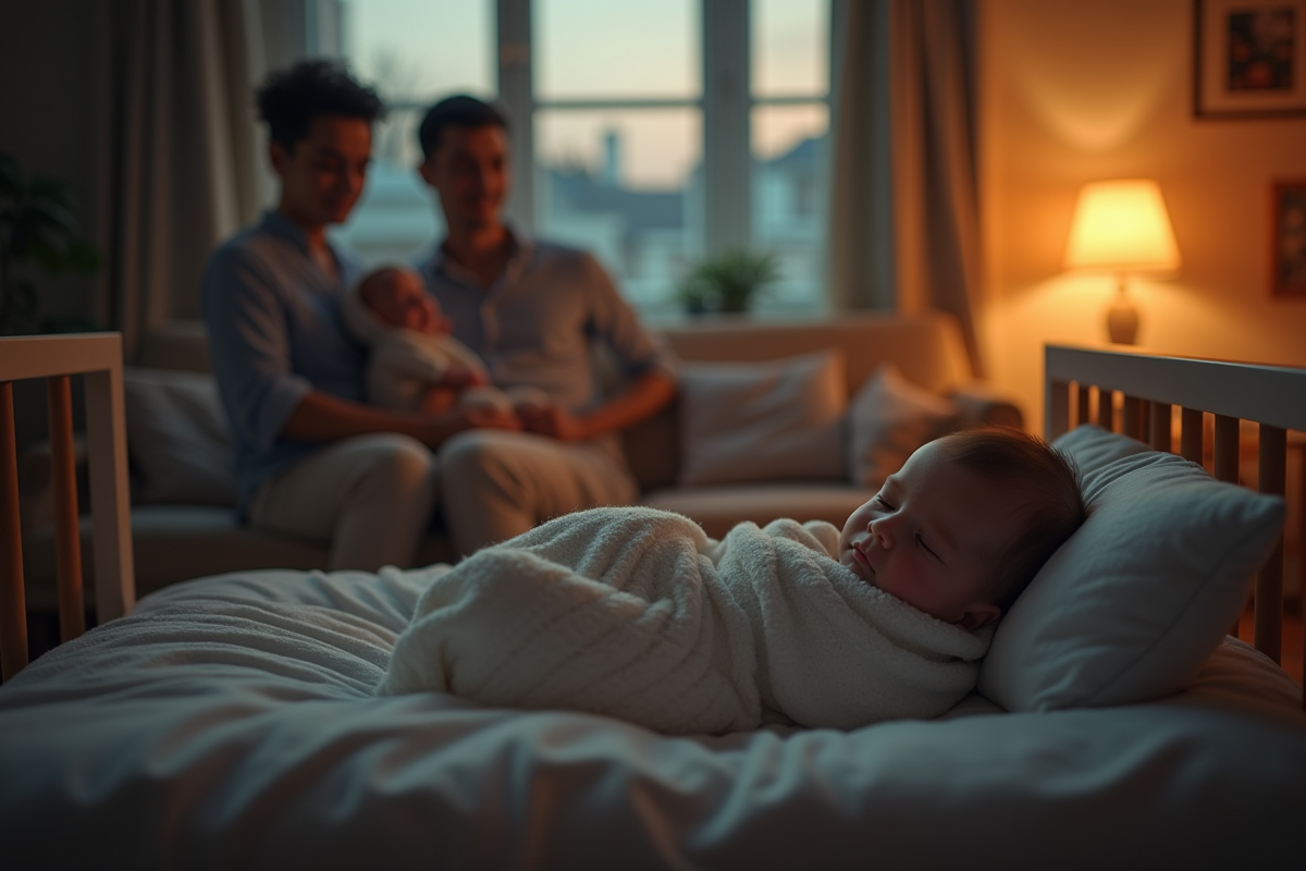Bebe endormi dans un berceau au coin d un salon calme