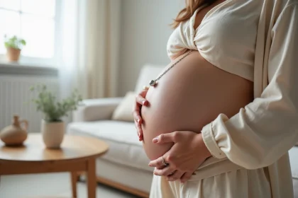 Femme enceinte tenant une bola de grossesse en argent sur son ventre rond, ambiance cosy et intimiste