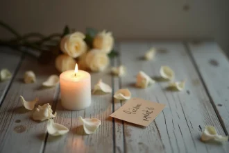 Bougie blanche allumée sur bois ancien entourée de pétales de roses séchées et d'un message de condoléances manuscrit