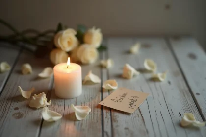 Bougie blanche allumée sur bois ancien entourée de pétales de roses séchées et d'un message de condoléances manuscrit