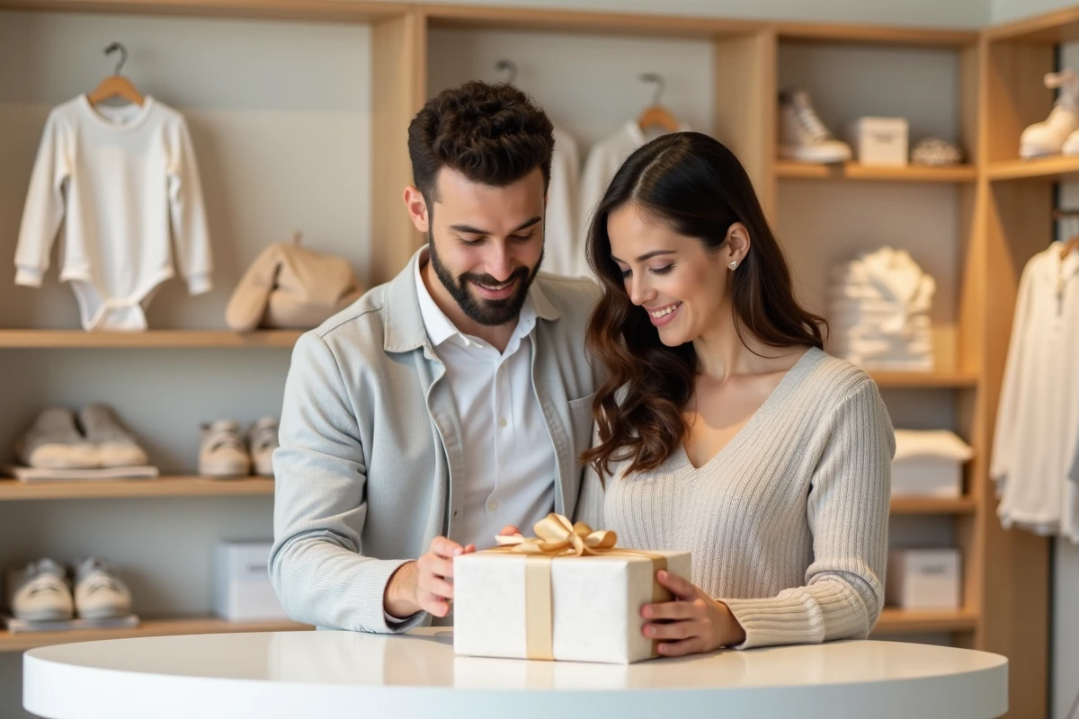 Couple choisissant un cadeau de naissance acheté en boutique spécialisée pour bébé