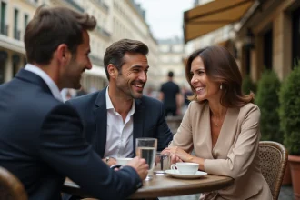 Homme et femme rient au café à Paris en terrasse
