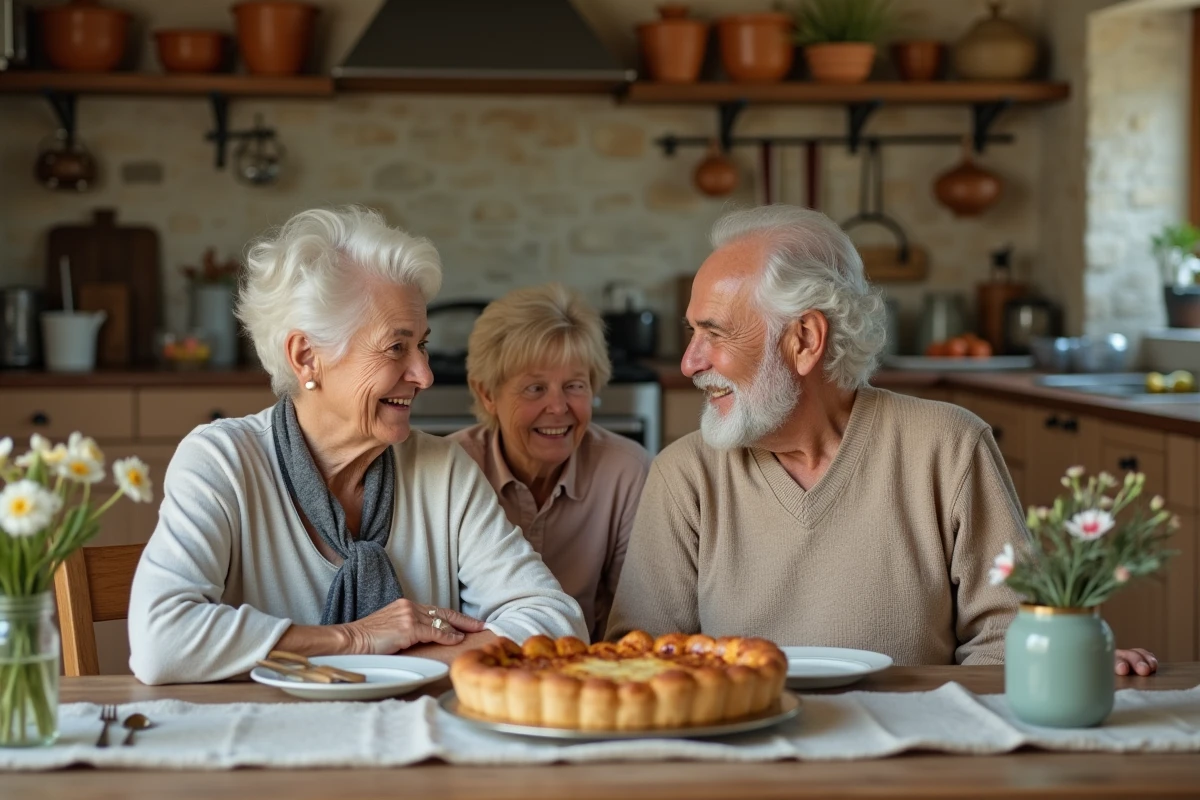 Famille réunie autour d'une table décorée pour célébrer la Fête des grands-pères avec une tarte maison et des cartes artisanales