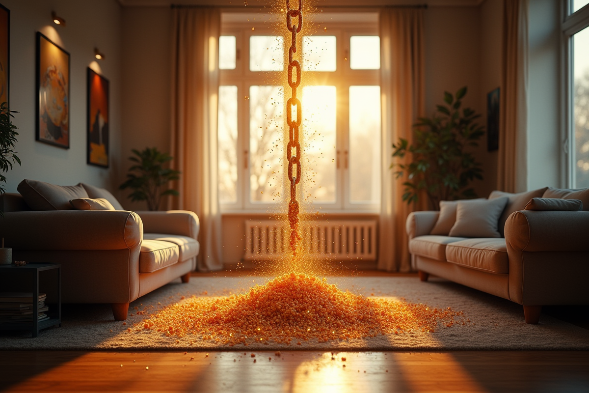Chaîne ancienne se déliant en particules lumineuses dans un salon lumineux