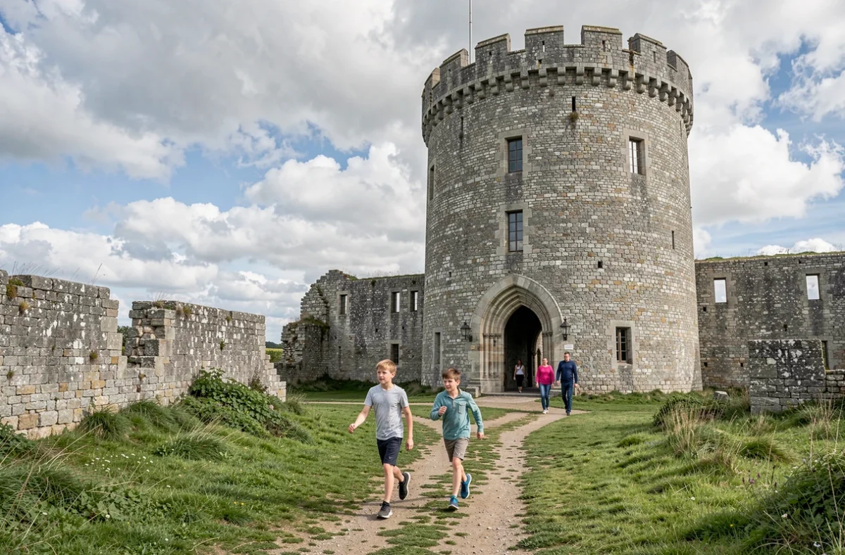 Famille explorant les ruines médiévales du Château d'Hardelot dans le Pas-de-Calais