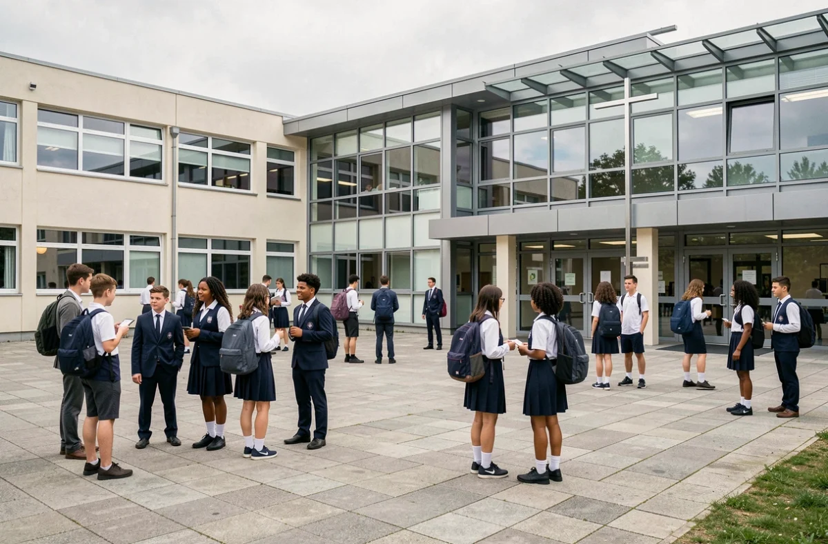 Cour du collège et lycée l'Espérance à Aulnay-sous-Bois avec des élèves en uniforme