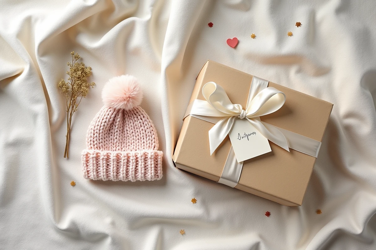 Comparaison entre cadeau de naissance fait main tricoté et cadeau acheté en boutique, vue du dessus