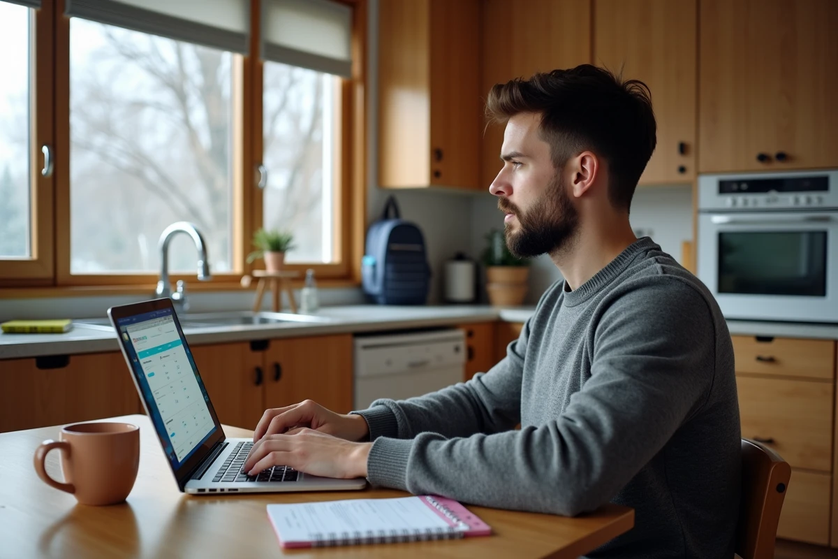 Homme comparant les prix de billets d'avion en ligne depuis son domicile canadien pendant les vacances scolaires