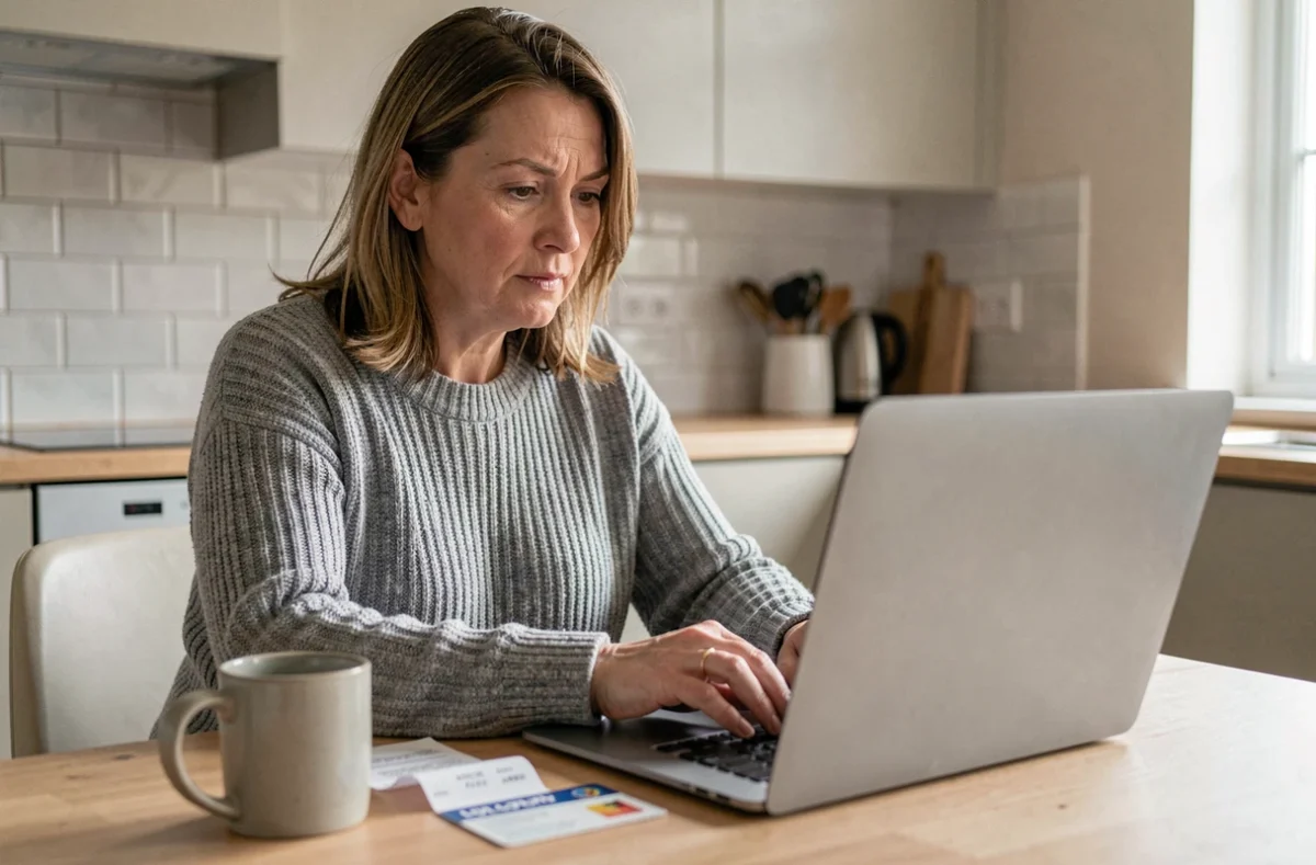 Femme consultant son compte Orchestra en ligne depuis son domicile avec sa facture et sa carte de fidélité