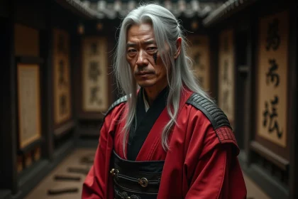 Cosplayeur en costume de samouraï rouge et noir avec cicatrice évoquant Shanks et les Cinq Doyens de One Piece