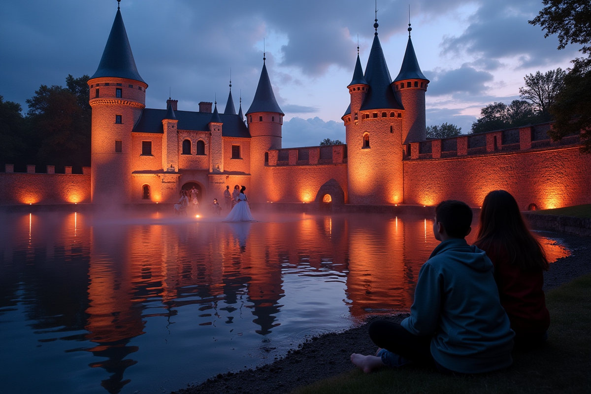Spectacle nocturne au château illuminé sur un lac calme