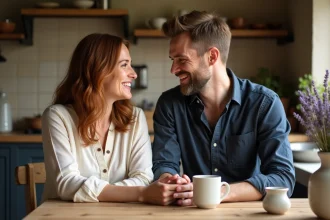 Couple complice partageant un moment intime dans une cuisine de campagne française rustique