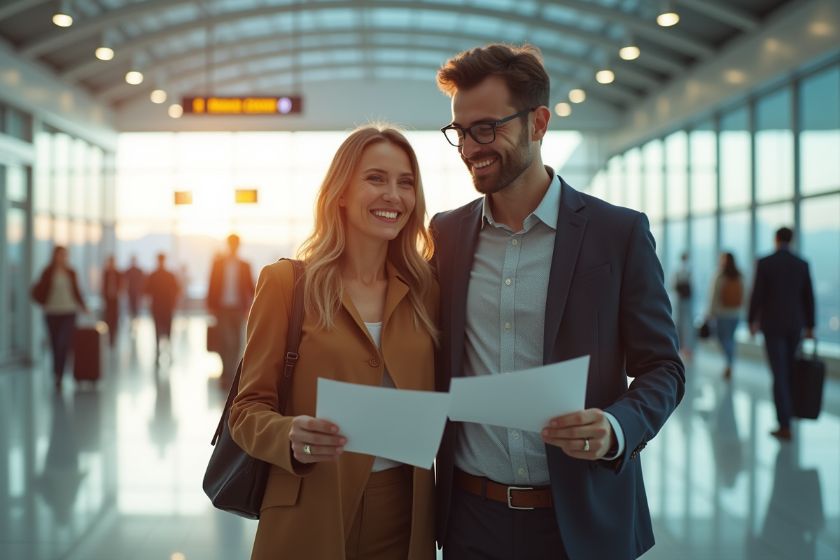Couple souriant à l arrivée à l aéroport en France