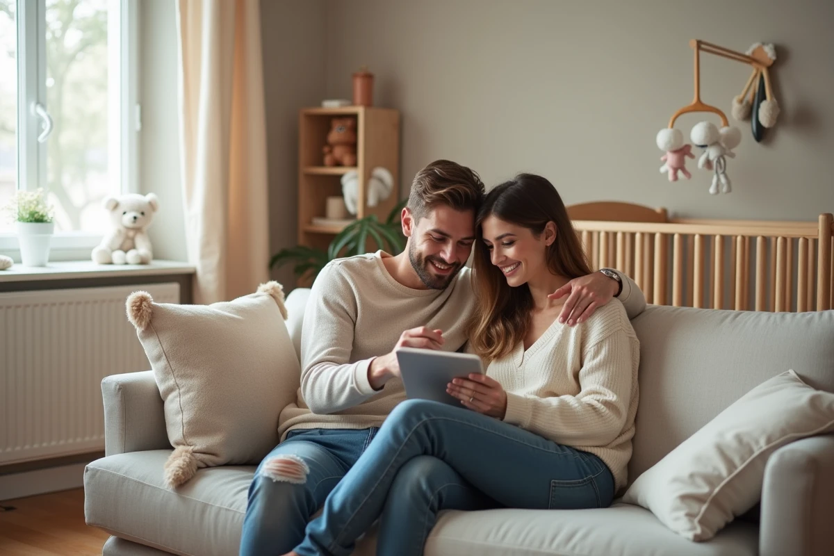 Jeune couple discutant de la liste de naissance