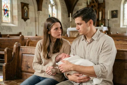 Jeune couple hésitant assis dans une église avec leur nouveau-né, réfléchissant au baptême malgré leurs doutes de foi