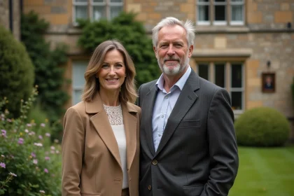 Couple souriant devant maison ancienne et jardin