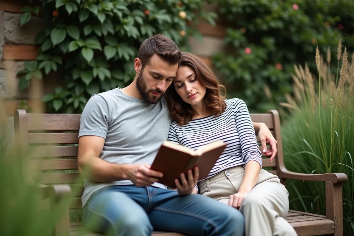 Couple détendu dans un jardin privé entouré de roses grimpantes, partageant un moment de lecture