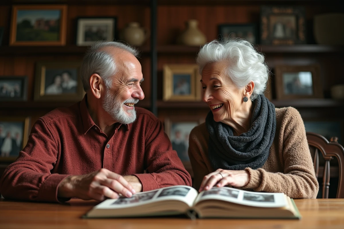Couple &acirc;g&eacute; partageant album photo familial