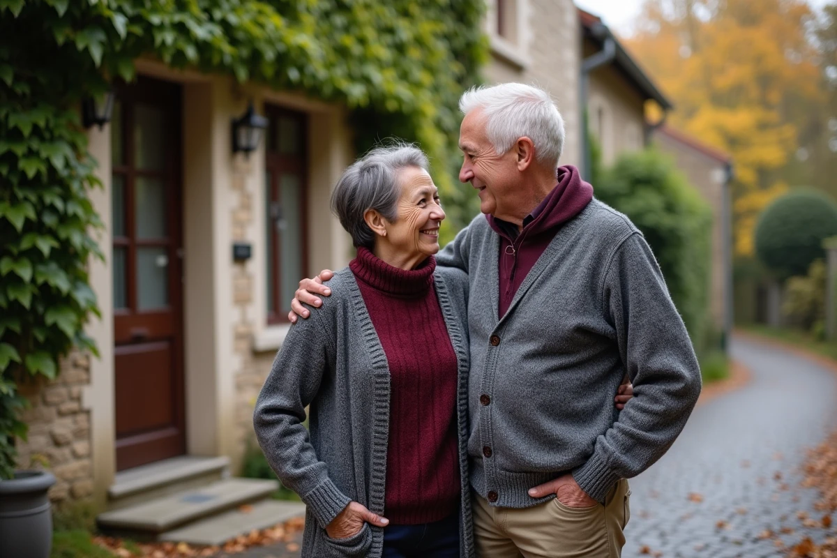 Couple de parents d'origine méditerranéenne devant une maison de province française en automne, symbolisant les racines familiales et l'héritage culturel des parents d'une personnalité publique