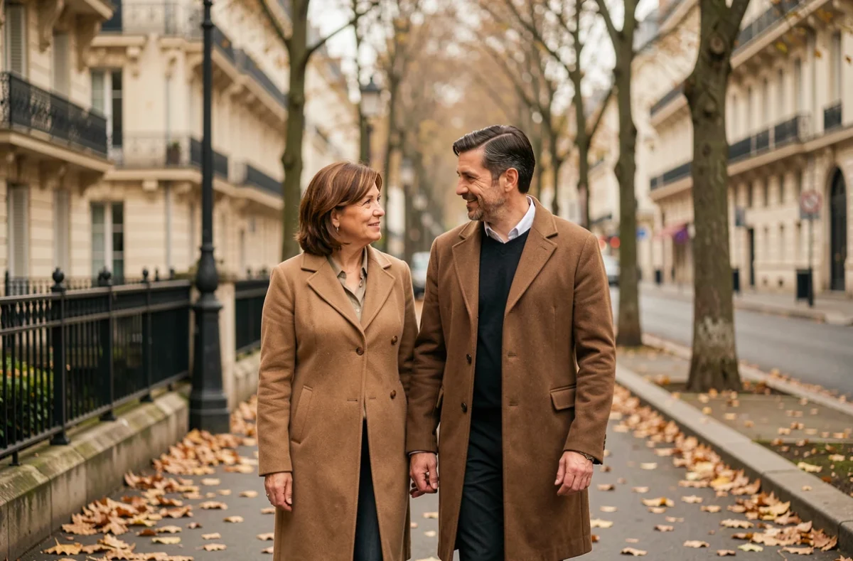 Couple marchant côte à côte sur un boulevard parisien en automne, symbolisant la tension entre curiosité publique et intimité de la vie privée
