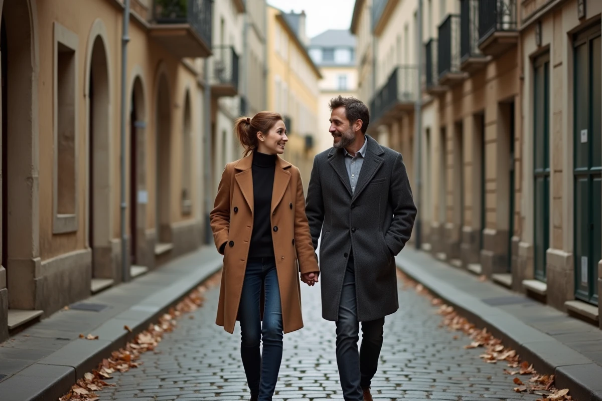 Couple marchant main dans la main dans une rue pavée d'une ville de province française en automne