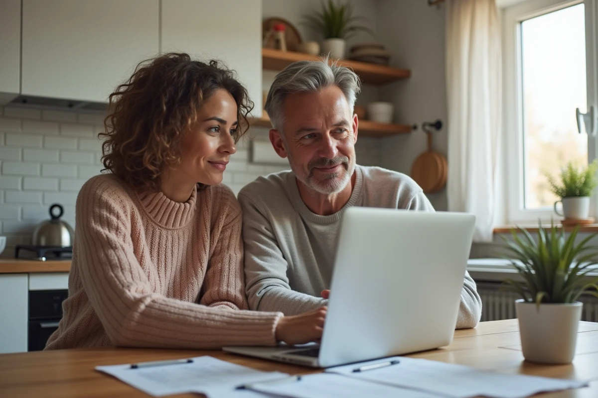 Couple recherchant des avis et v&eacute;rifiant la fiabilit&eacute; d'un consultant en adoption internationale sur internet
