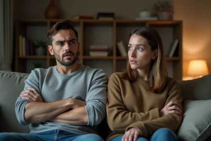 Couple en silence sur un canapé après une dispute, homme ignorant sa partenaire qui cherche le contact visuel
