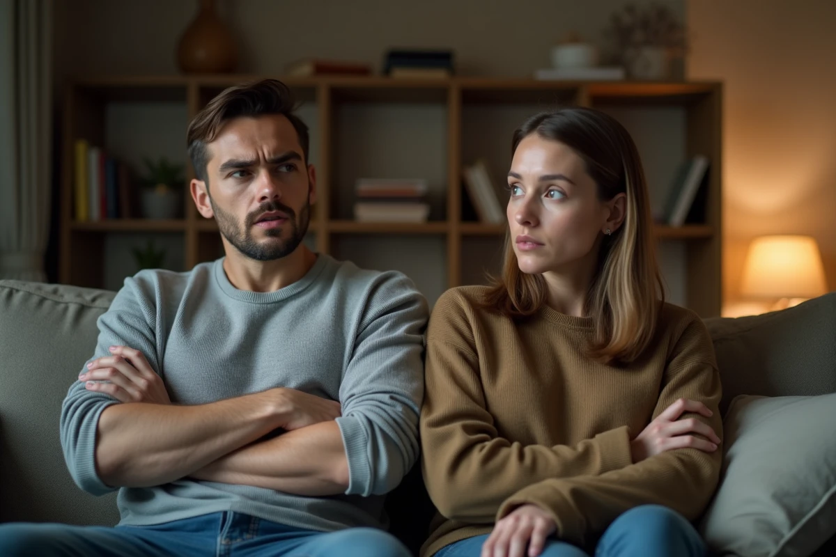 Couple en silence sur un canapé après une dispute, homme ignorant sa partenaire qui cherche le contact visuel